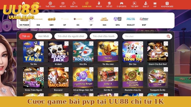 Cược game bài pvp tại UU88 chỉ từ 1K